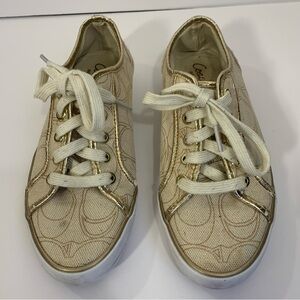 COACH Shoes Sneakers Dee Signature Gold Women's Sz 6 Beige Tan‎ Designer READ